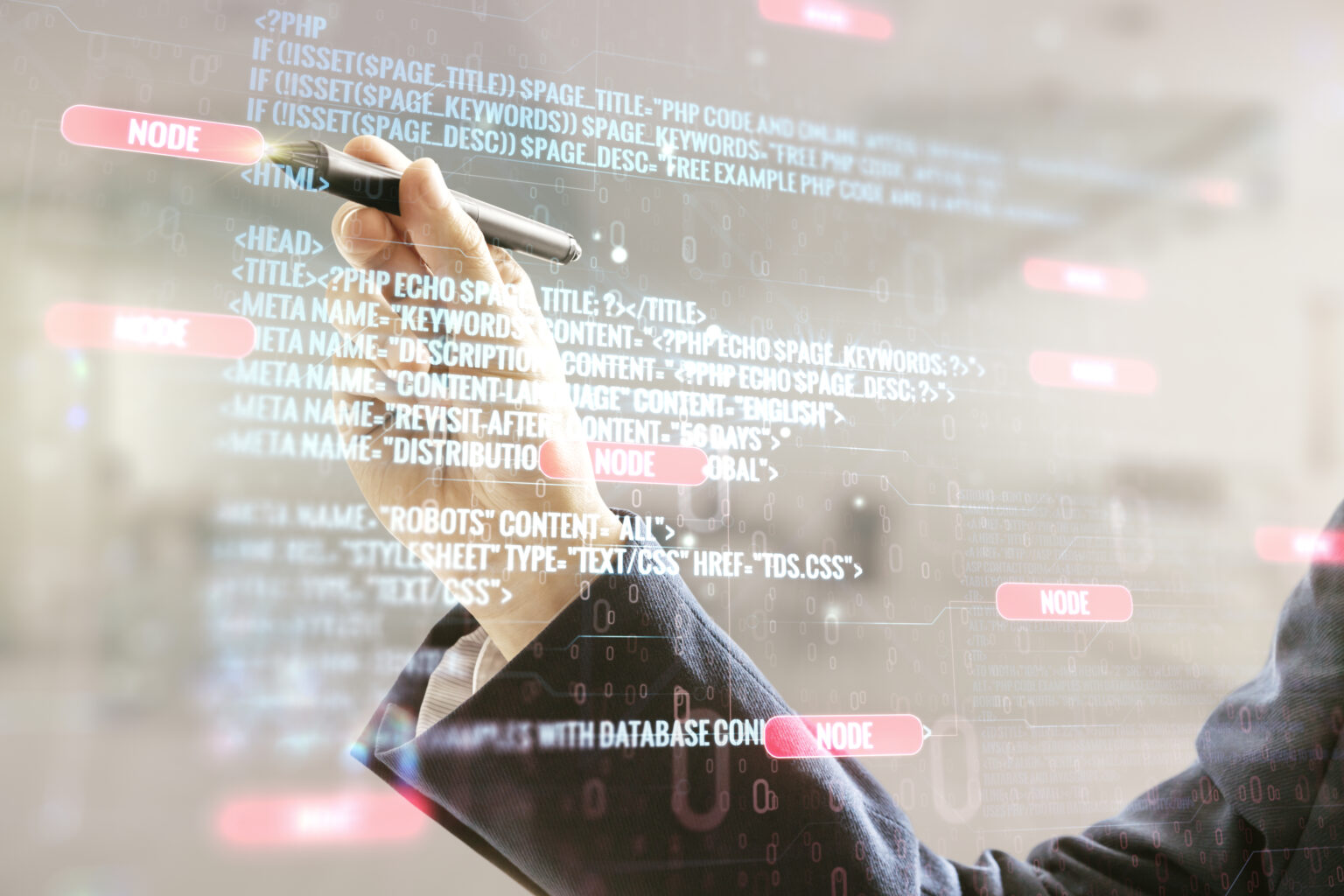 Double exposure of programmer's hand with pen working with abstract creative programming illustration on blurred office background, big data and blockchain concept